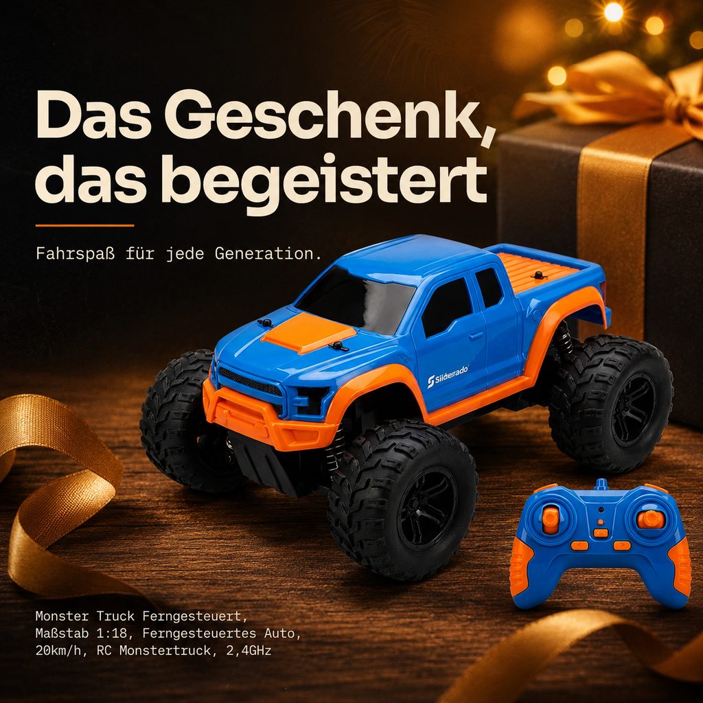 Fertiger Slideorado-Instagram-Slide mit Weihnachtsgeschenk-Szene, Headline 'Das Geschenk, das begeistert' - blau-oranger ferngesteuerter Monster-Truck im Maßstab 1:18