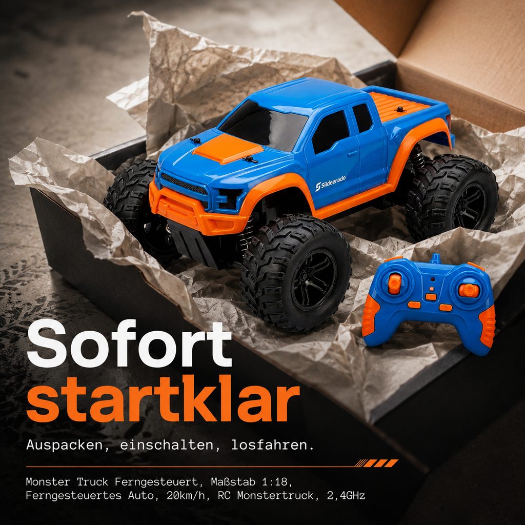Slideorado-Instagram-Slide, Headline 'Sofort startklar' - RC-Monster-Truck frisch ausgepackt im Karton mit Fernsteuerung