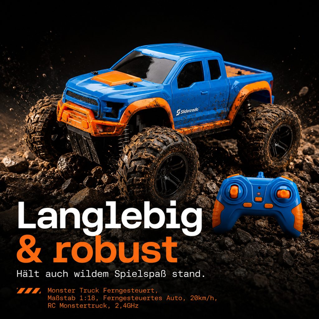 Slideorado-Instagram-Slide, Headline 'Langlebig und robust' - schlammbedeckter RC-Monster-Truck im Gelände