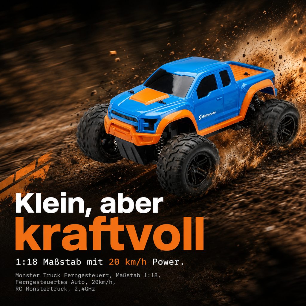Slideorado-Instagram-Slide, Headline 'Klein, aber kraftvoll' - RC-Monster-Truck in Action im Maßstab 1:18 mit 20 km/h