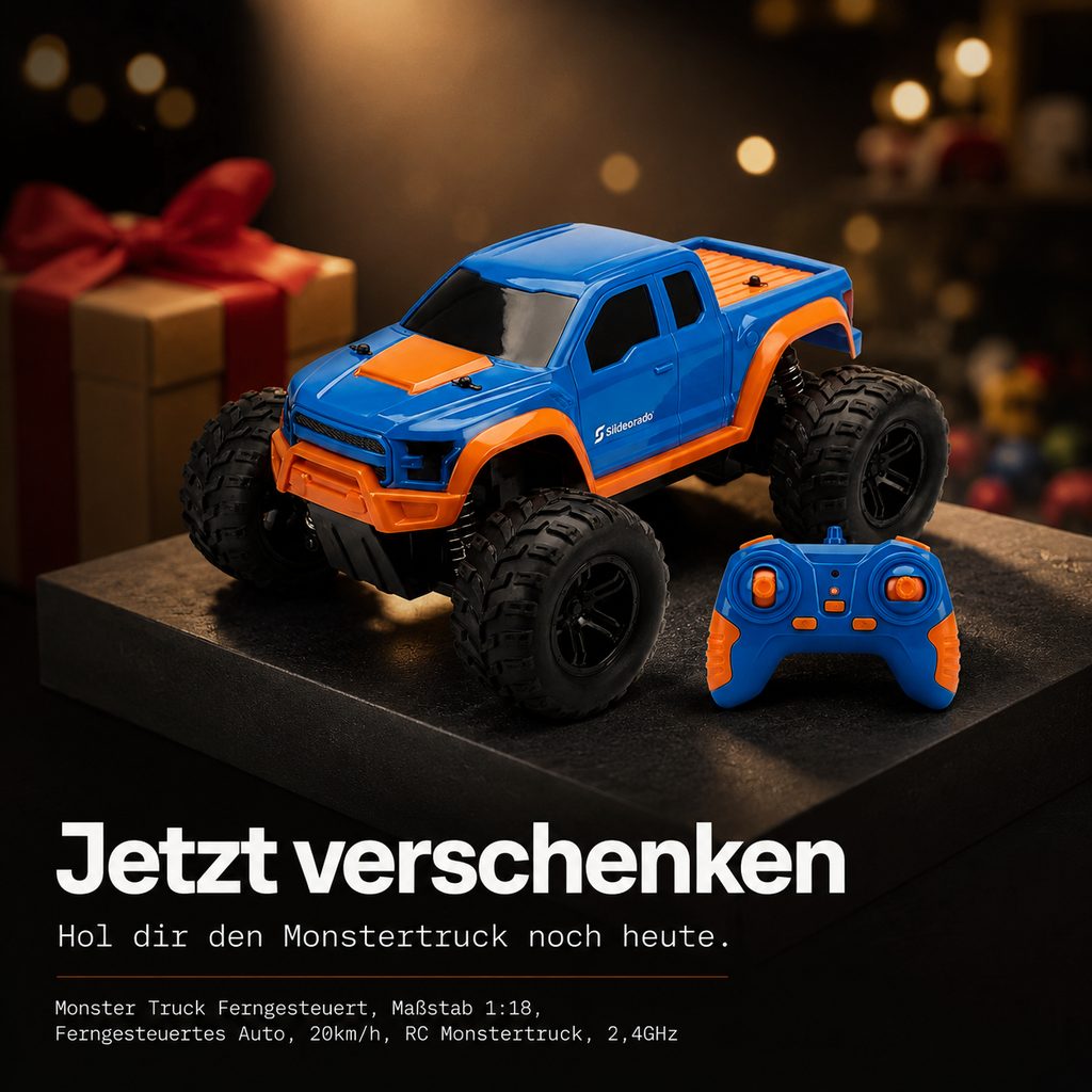 Slideorado-Instagram-Slide, Headline 'Jetzt verschenken' - RC-Monster-Truck als Geschenk auf einem Podest vor Weihnachtslichtern