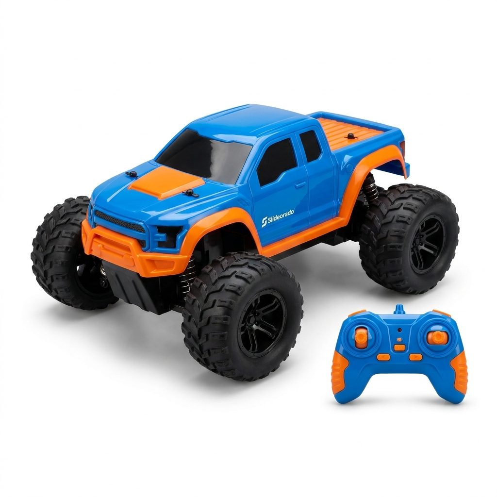Unbearbeitetes Produktfoto eines blau-orangen Slideorado RC-Monster-Trucks mit Fernsteuerung vor weißem Hintergrund
