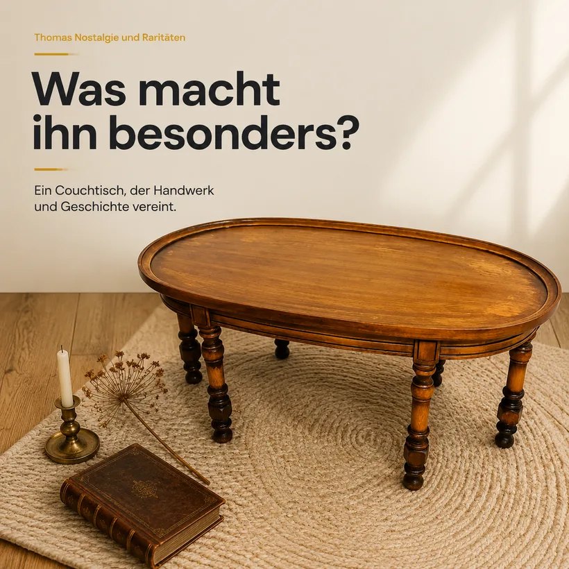 Fertiger Slideorado-Instagram-Slide, Headline 'Was macht ihn besonders?' - ovaler Vintage-Couchtisch aus Massivholz von Thomas Nostalgie und Raritäten