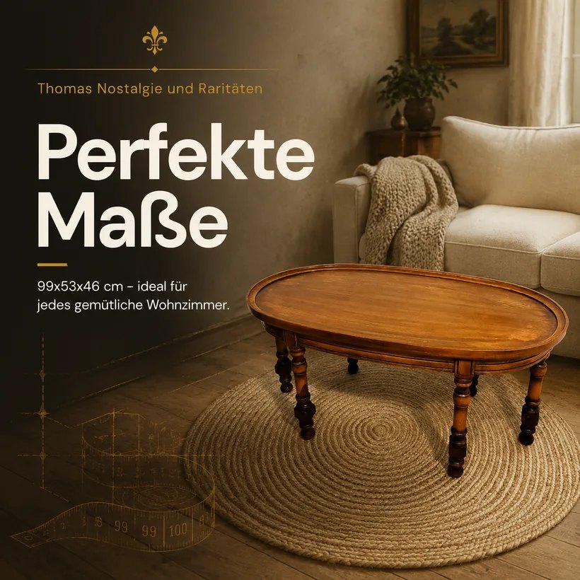 Slideorado-Instagram-Slide, Headline 'Perfekte Maße' mit Maßangabe 99x53x46 cm - Kolonialstil-Couchtisch im gemütlichen Wohnzimmer