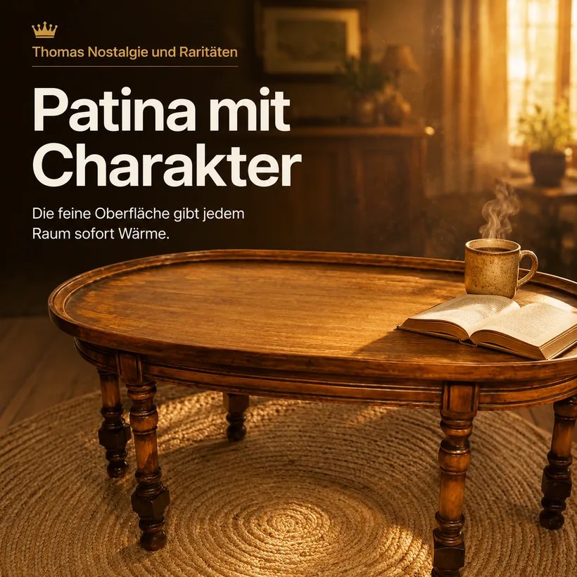 Slideorado-Instagram-Slide, Headline 'Patina mit Charakter' - Massivholz-Couchtisch mit warmer Oberfläche und Kaffeetasse
