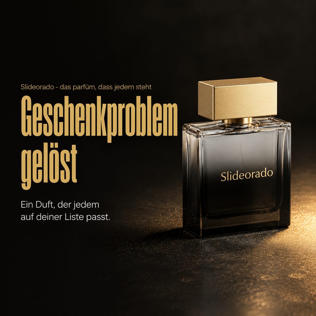 Fertiger Slideorado-Instagram-Slide auf dunklem Grund, Headline 'Geschenkproblem gelöst' - schwarzer Unisex-Parfümflakon, ein Duft, der jedem auf deiner Liste passt