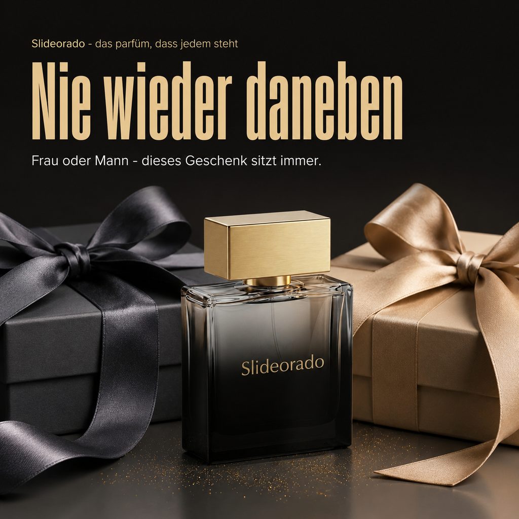 Slideorado-Instagram-Slide mit zwei Geschenkboxen, Headline 'Nie wieder daneben' - Frau oder Mann, dieses Unisex-Geschenkparfüm sitzt immer
