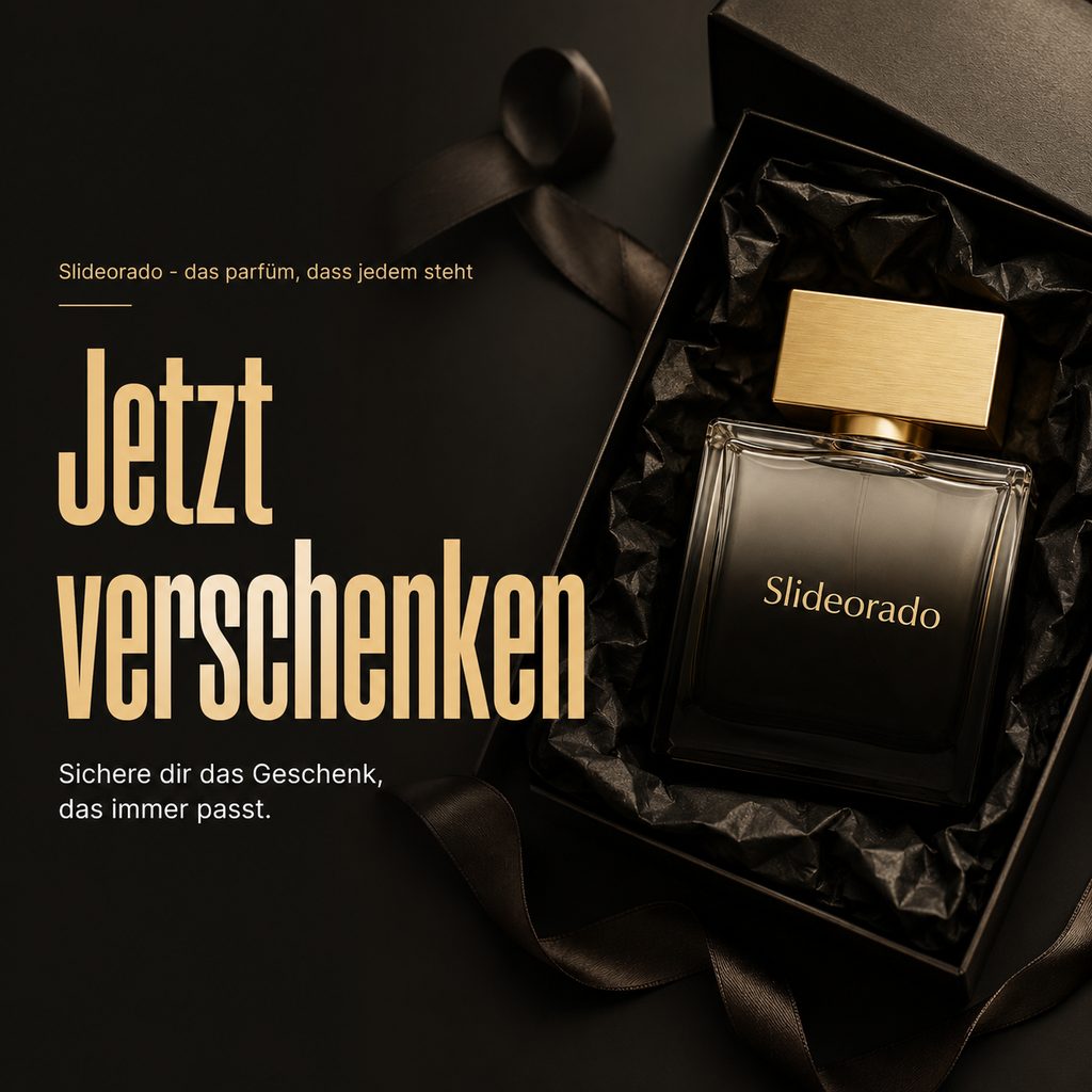 Slideorado-Instagram-Slide mit Parfüm in Geschenkbox, Headline 'Jetzt verschenken' - sichere dir das Geschenk, das immer passt