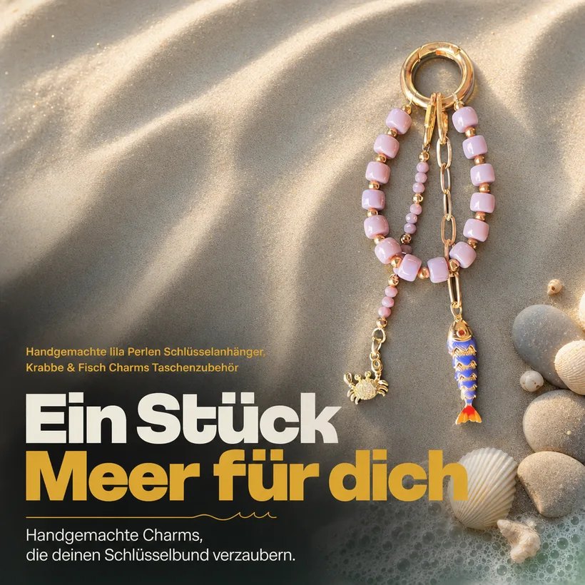 Fertiger Slideorado-Instagram-Slide am Sandstrand, Headline 'Ein Stück Meer für dich' - handgemachter Perlen-Schlüsselanhänger mit Krabbe und Fisch