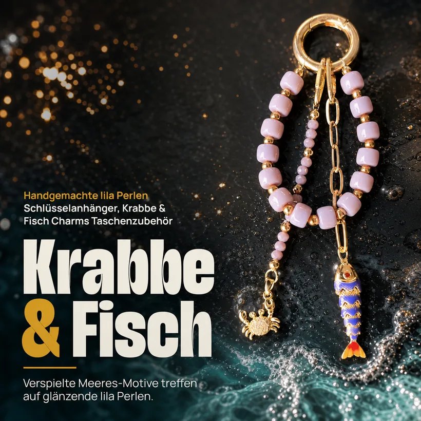 Slideorado-Instagram-Slide auf dunklem Wasser, Headline 'Krabbe & Fisch' - handgemachter lila Perlenanhänger mit maritimen Charms