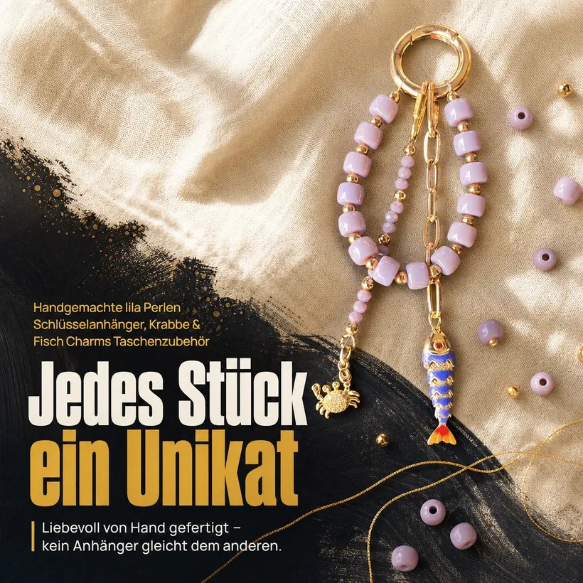 Slideorado-Instagram-Slide auf beigem Leinen, Headline 'Jedes Stück ein Unikat' - von Hand gefertigter Perlen-Taschenanhänger