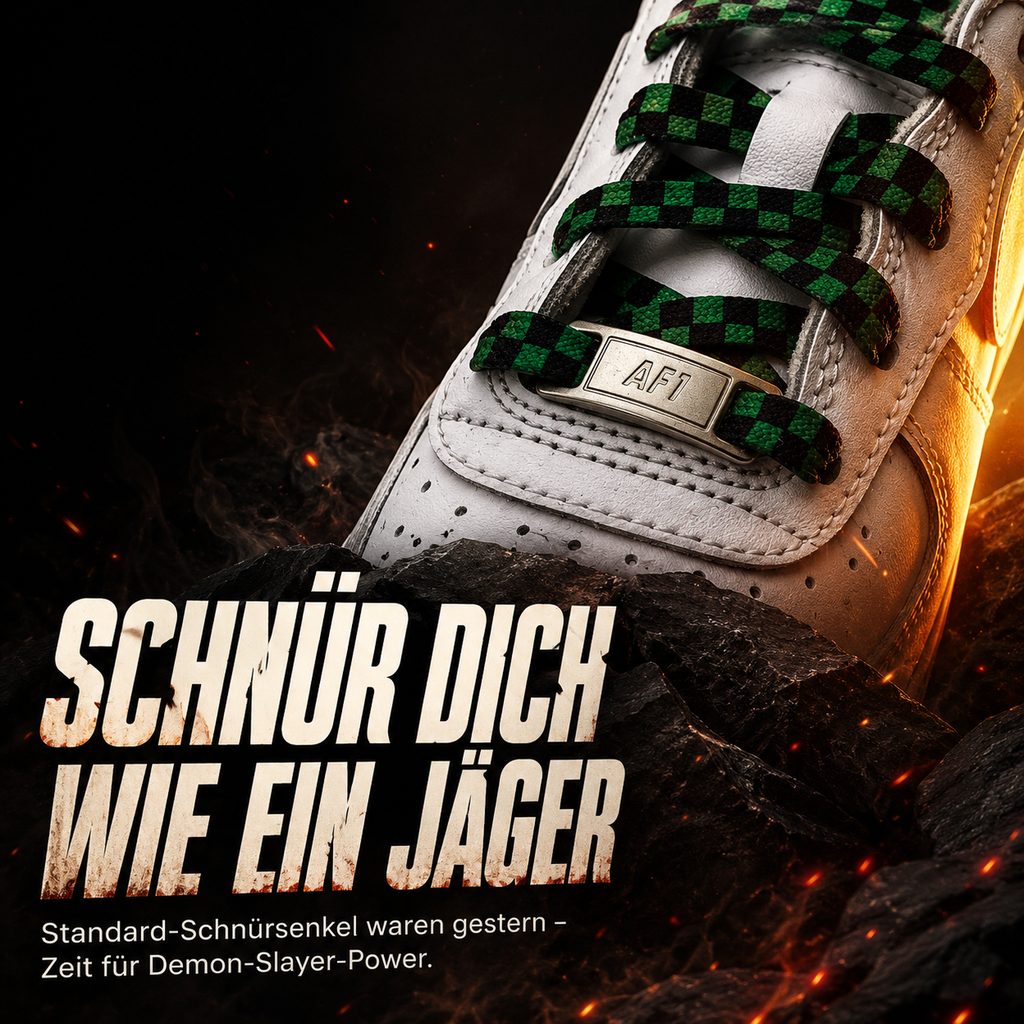 Fertiger Slideorado-Instagram-Slide mit Feuer-Hintergrund, Headline 'Schnür dich wie ein Jäger' - grün-schwarze Demon-Slayer-Schnürsenkel an weißem Air-Force-1-Sneaker