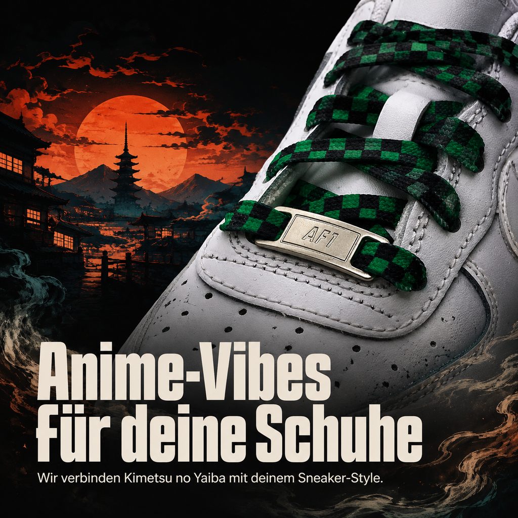 Slideorado-Instagram-Slide mit roter Mond-Pagode, Headline 'Anime-Vibes für deine Schuhe' - Kimetsu-no-Yaiba-Schnürsenkel im Schachbrettmuster
