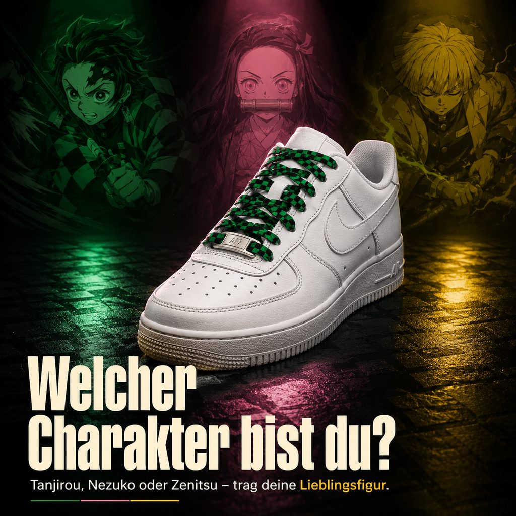 Slideorado-Instagram-Slide, Headline 'Welcher Charakter bist du?' - weißer Air-Force-1-Sneaker mit Tanjirou, Nezuko und Zenitsu im Hintergrund