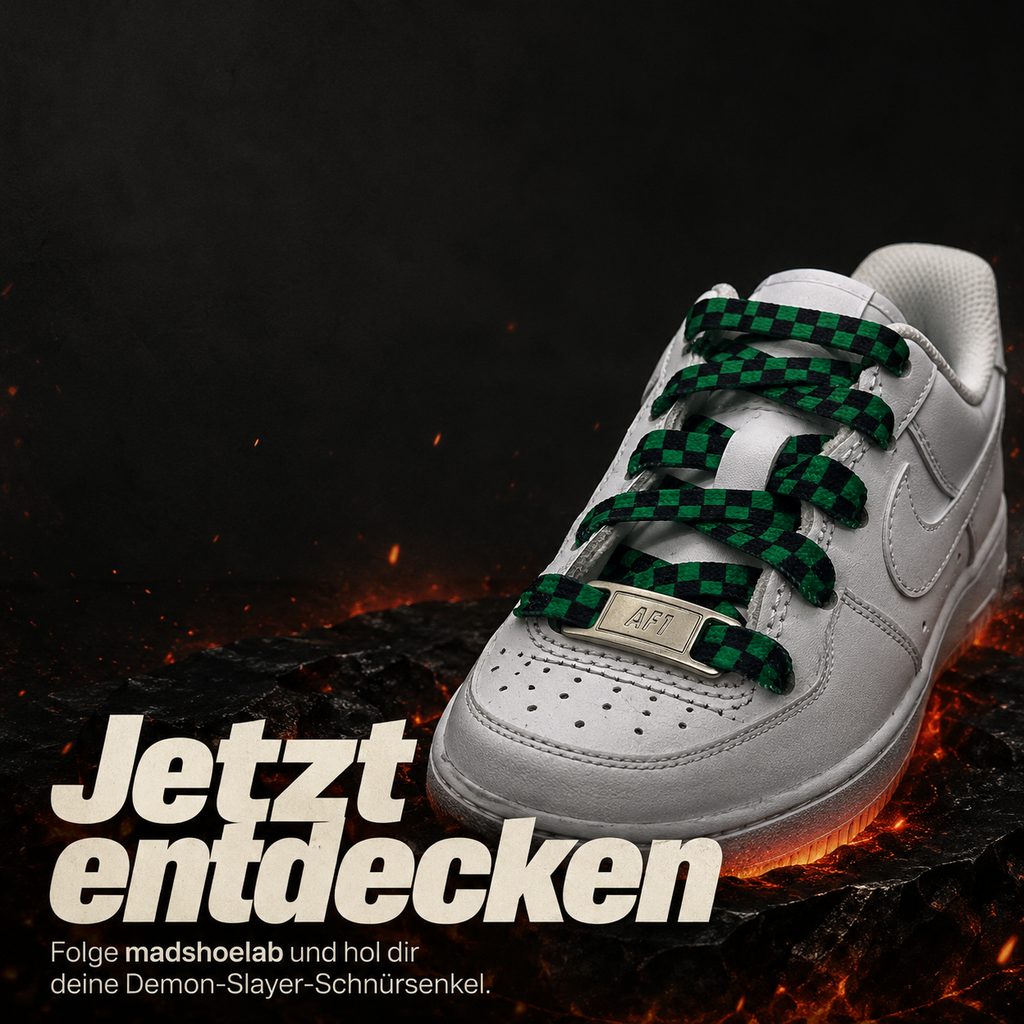 Slideorado-Instagram-Slide mit Lava-Hintergrund, Headline 'Jetzt entdecken' - madshoelab Demon-Slayer-Schnürsenkel an weißem Sneaker