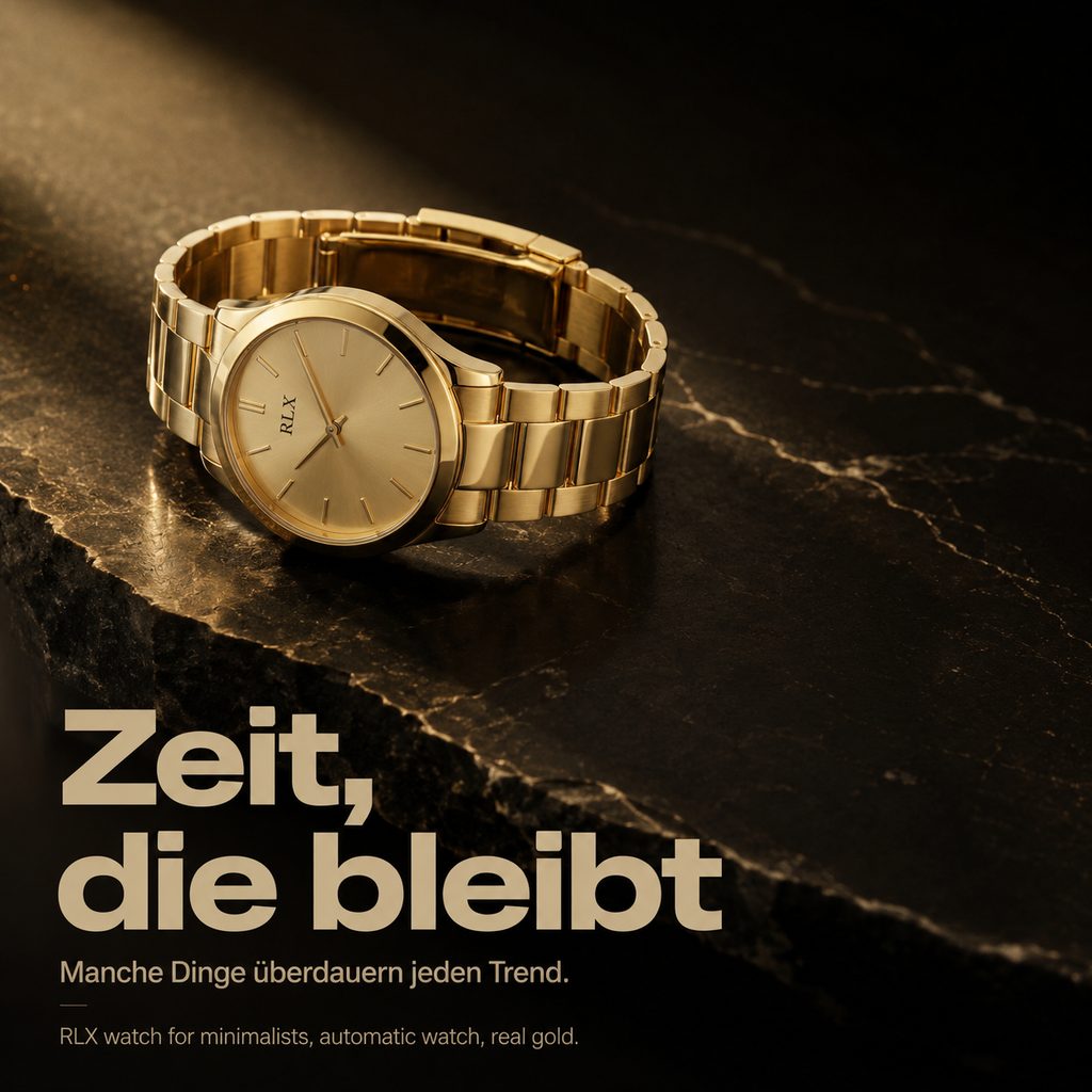Fertiger Slideorado-Instagram-Slide auf dunklem Marmor, Headline 'Zeit, die bleibt' - goldene RLX Automatik-Uhr, manche Dinge überdauern jeden Trend