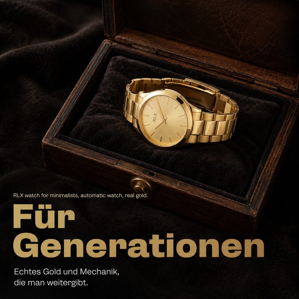 Slideorado-Instagram-Slide mit Uhr in Holz-Etui, Headline 'Für Generationen' - echtes Gold und Mechanik, die man weitergibt