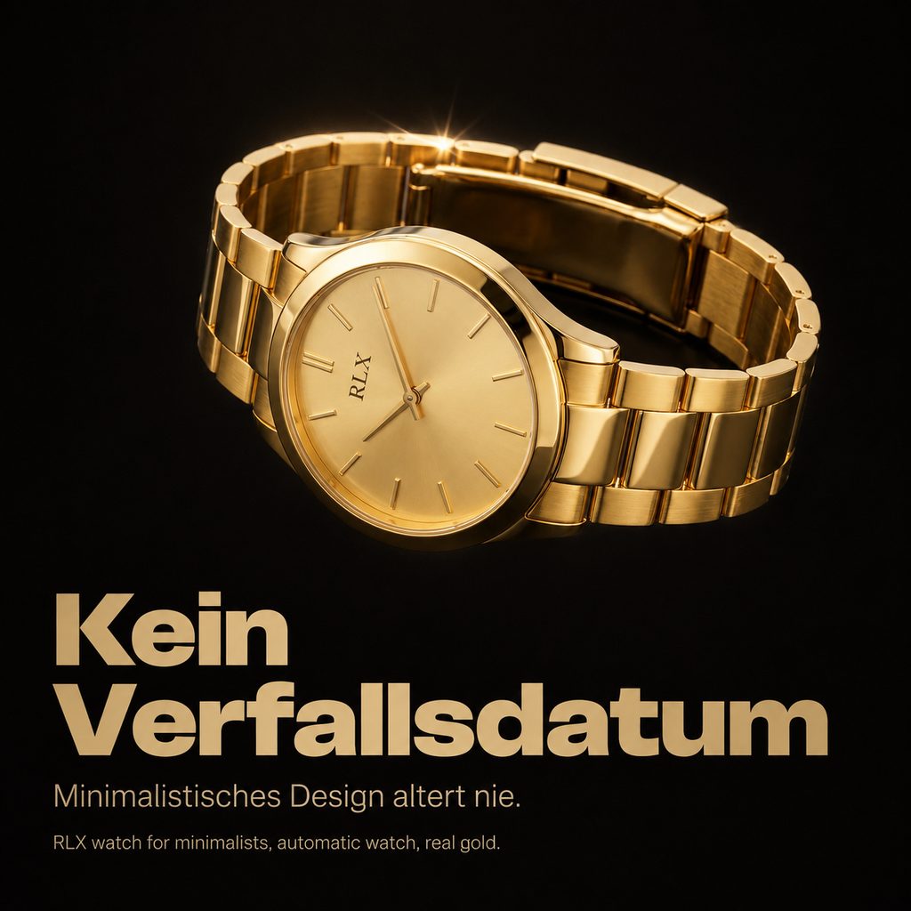 Slideorado-Instagram-Slide auf schwarzem Hintergrund, Headline 'Kein Verfallsdatum' - minimalistisches Design der goldenen RLX altert nie