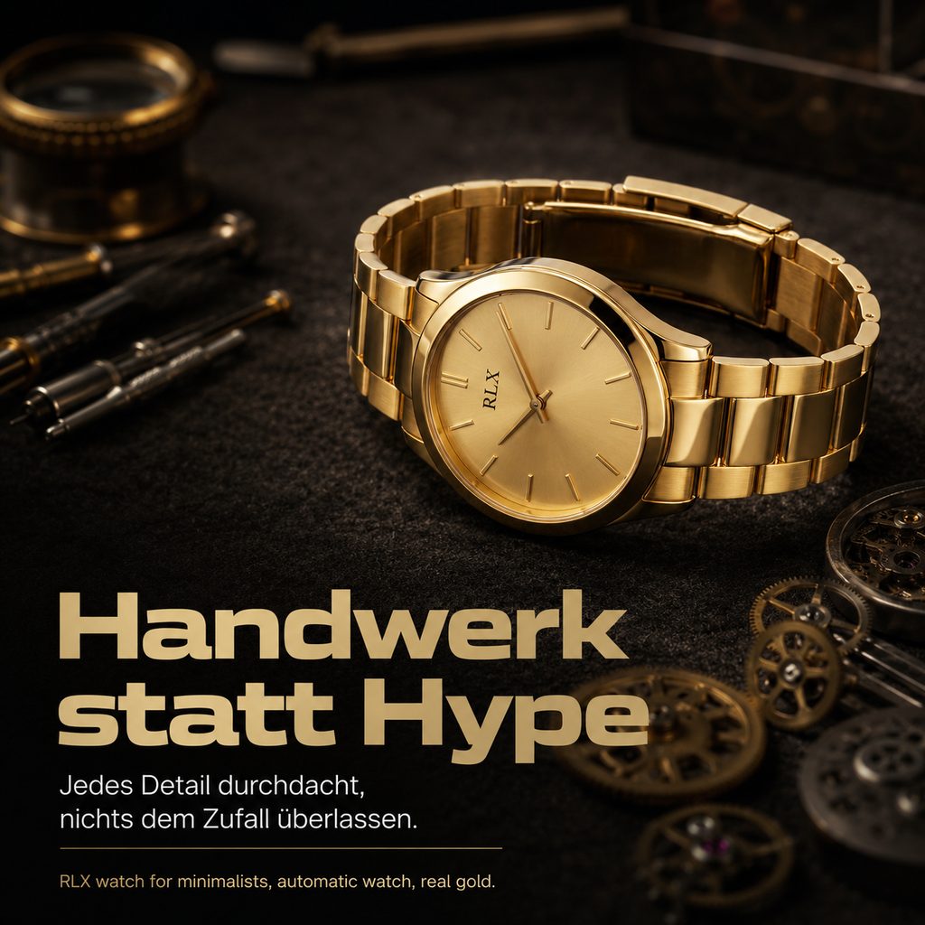 Slideorado-Instagram-Slide mit Uhrmacher-Werkzeug, Headline 'Handwerk statt Hype' - jedes Detail durchdacht, nichts dem Zufall überlassen