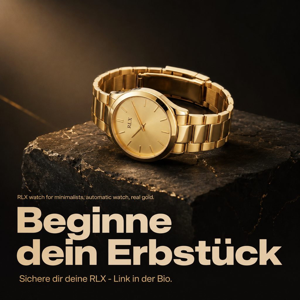 Slideorado-Instagram-Slide auf dunklem Stein, Headline 'Beginne dein Erbstück' - Aufruf, sich die goldene RLX über den Link in der Bio zu sichern