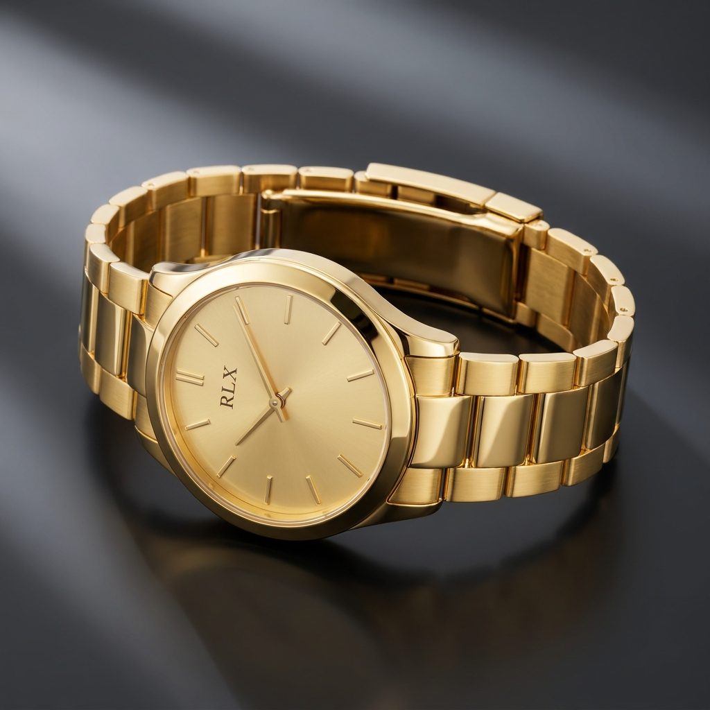 Unbearbeitetes Produktfoto einer goldenen RLX Automatik-Uhr mit goldenem Zifferblatt und Gliederarmband auf dunklem Untergrund