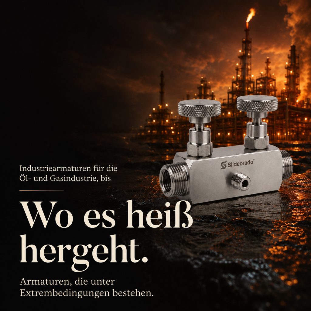 Fertiger Slideorado-Instagram-Slide vor einer Raffinerie bei Nacht, Headline 'Wo es heiß hergeht' - Edelstahl-Industriearmatur für die Öl- und Gasindustrie