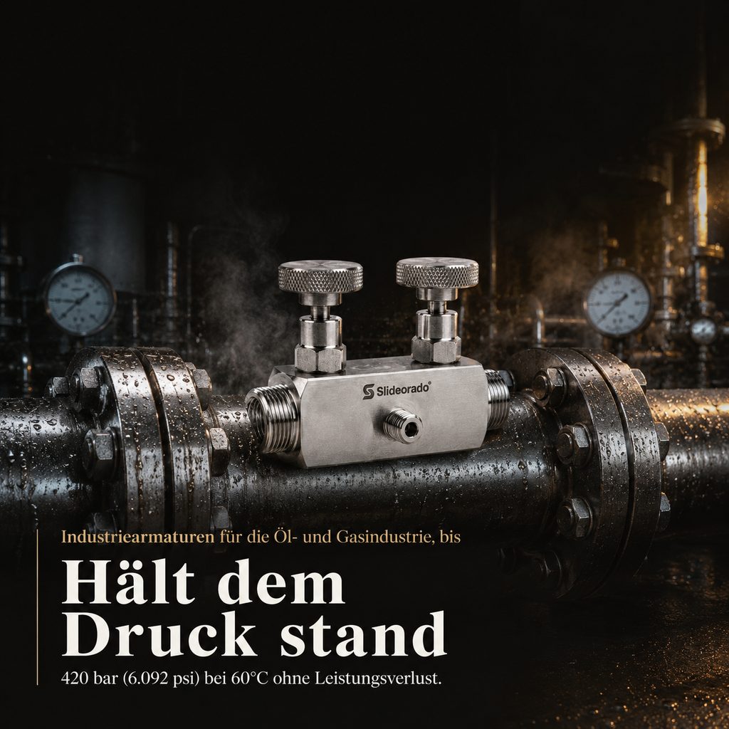 Slideorado-Instagram-Slide an einer Industrie-Rohrleitung mit Manometern, Headline 'Hält dem Druck stand' - 420 bar bei 60 Grad ohne Leistungsverlust