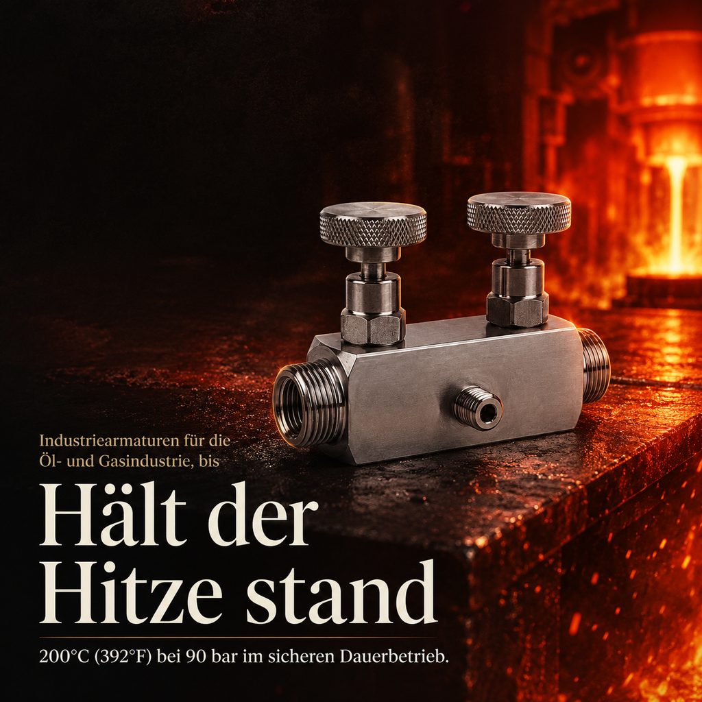 Slideorado-Instagram-Slide vor glühendem Stahl, Headline 'Hält der Hitze stand' - 200 Grad bei 90 bar im sicheren Dauerbetrieb