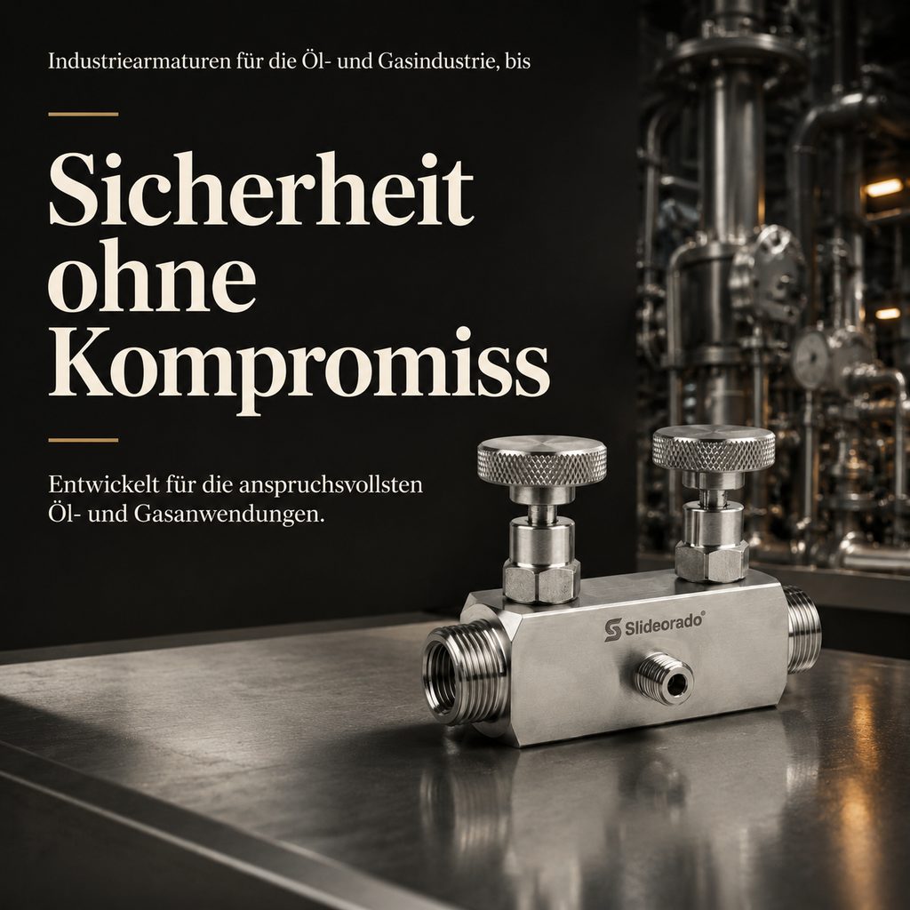 Slideorado-Instagram-Slide in einer Prozessanlage, Headline 'Sicherheit ohne Kompromiss' - Armatur für anspruchsvolle Öl- und Gasanwendungen