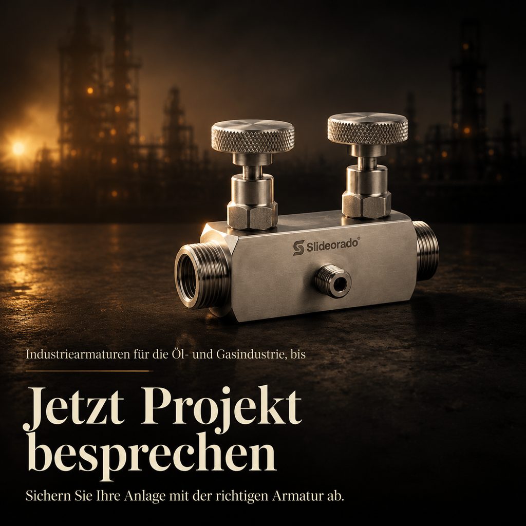 Slideorado-Instagram-Slide vor einer Raffinerie-Skyline, Headline 'Jetzt Projekt besprechen' - Aufruf, die Anlage mit der richtigen Armatur abzusichern