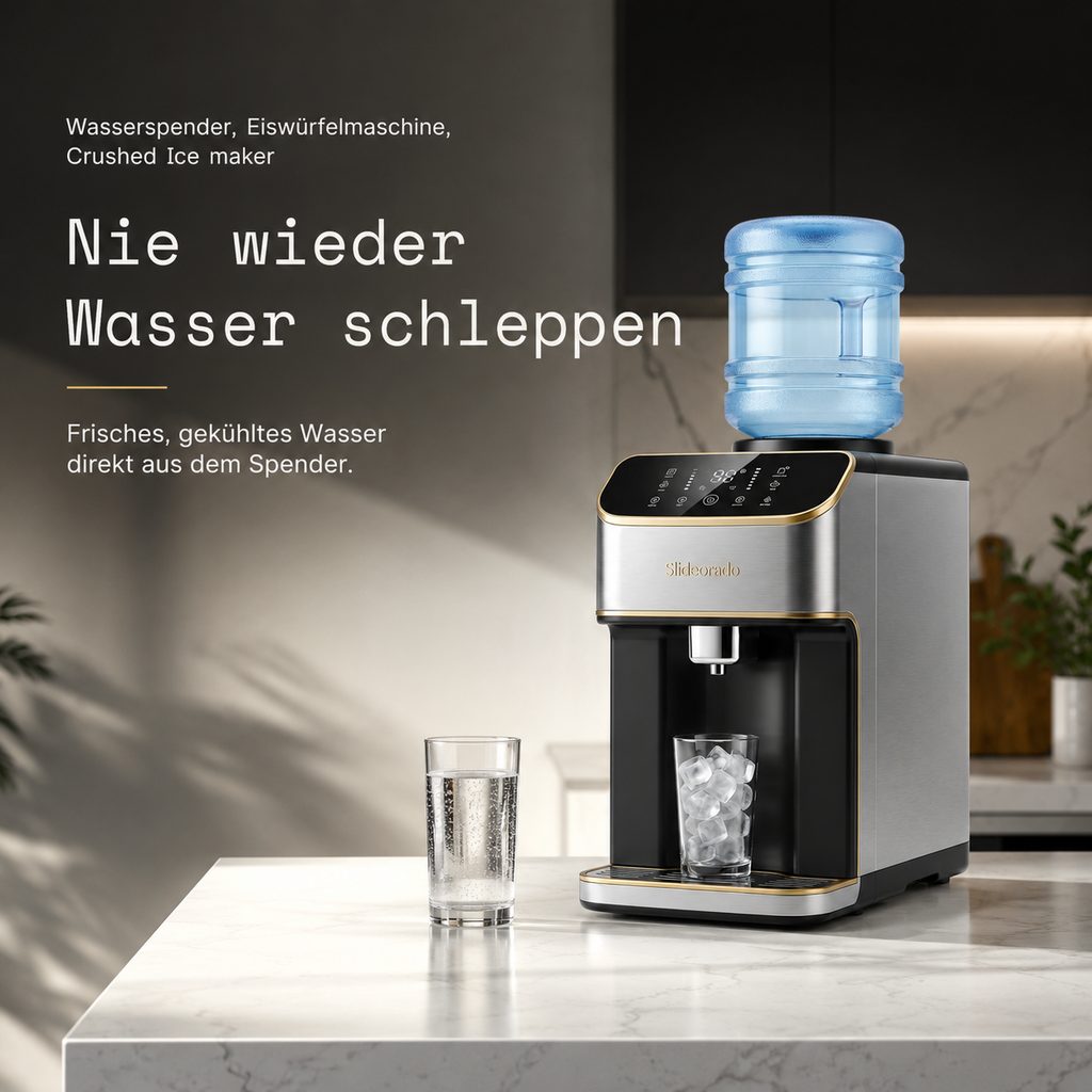 Fertiger Slideorado-Instagram-Slide in heller Küche, Headline 'Nie wieder Wasser schleppen' - Wasserspender liefert frisches gekühltes Wasser direkt aus dem Spender