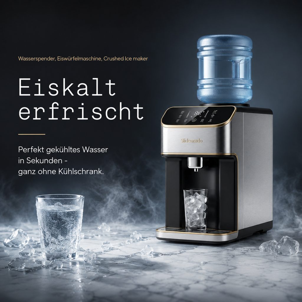 Slideorado-Instagram-Slide mit eisig-dunklem Hintergrund, Headline 'Eiskalt erfrischt' - perfekt gekühltes Wasser in Sekunden ganz ohne Kühlschrank
