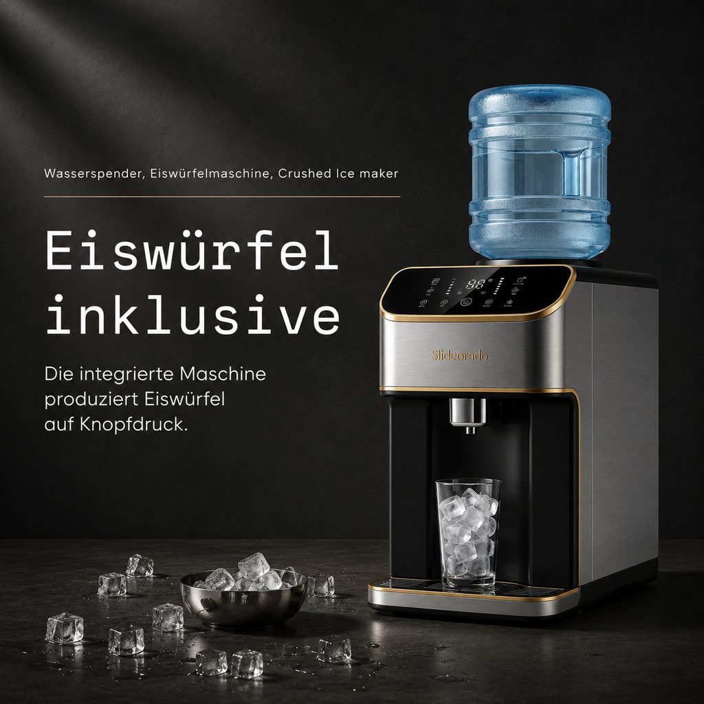 Slideorado-Instagram-Slide auf dunklem Tisch, Headline 'Eiswürfel inklusive' - integrierte Maschine produziert Eiswürfel auf Knopfdruck