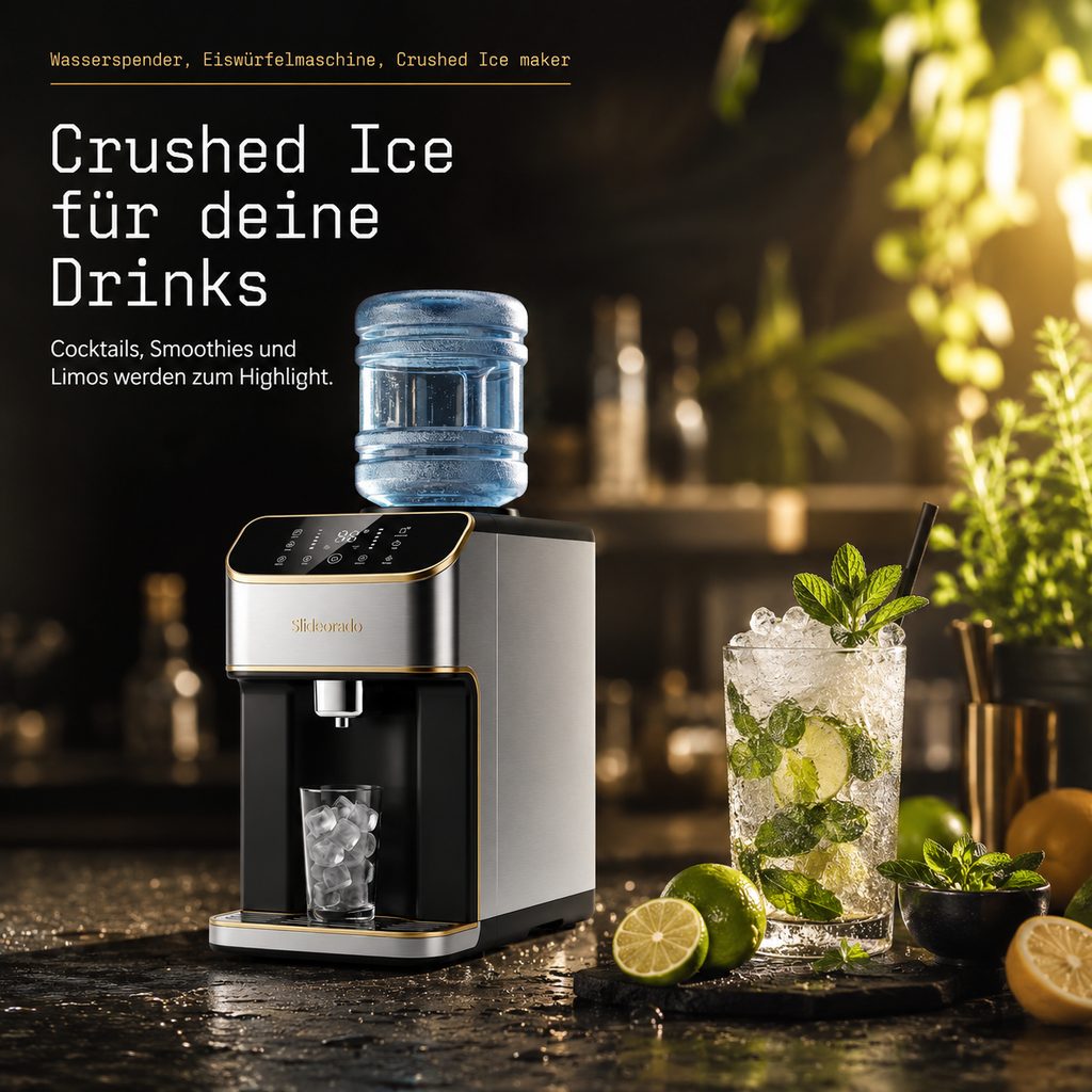 Slideorado-Instagram-Slide in Bar-Atmosphäre mit Mojito, Headline 'Crushed Ice für deine Drinks' - Cocktails, Smoothies und Limos werden zum Highlight