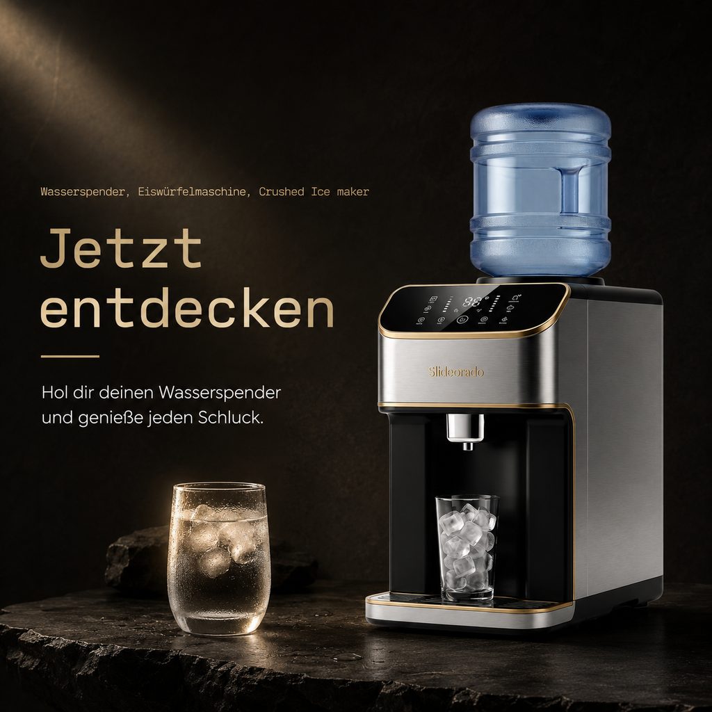 Slideorado-Instagram-Slide mit warmem Licht, Headline 'Jetzt entdecken' - Aufruf, sich den Wasserspender zu sichern und jeden Schluck zu genießen