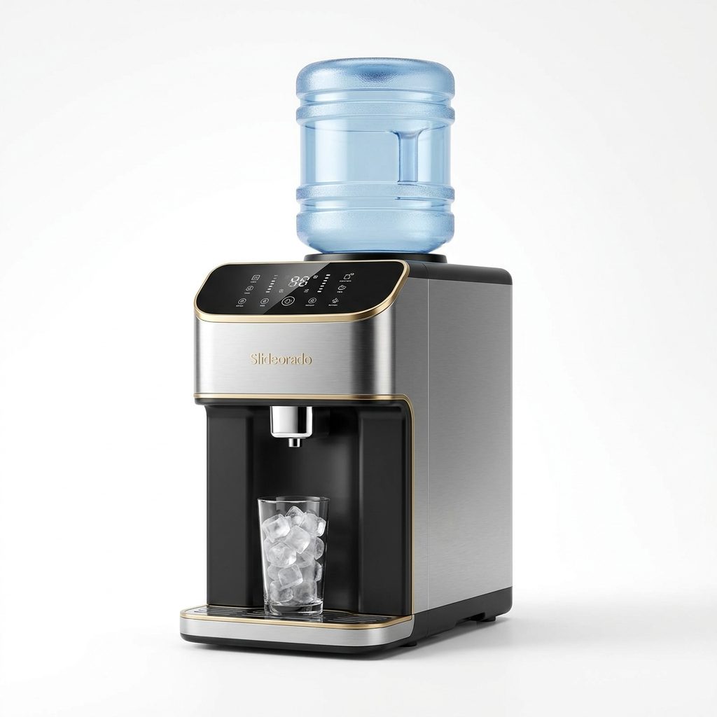 Unbearbeitetes Produktfoto eines silbernen Wasserspenders mit blauem Wassertank und Glas voller Eiswürfel vor weißem Hintergrund